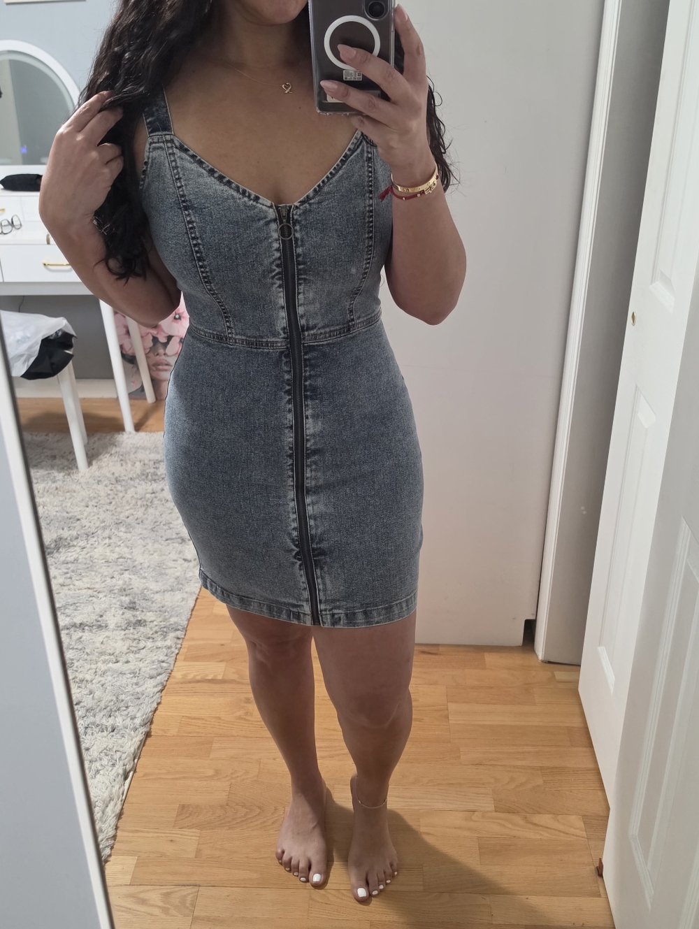 Washed Black Denim Zip-Front Mini Dress